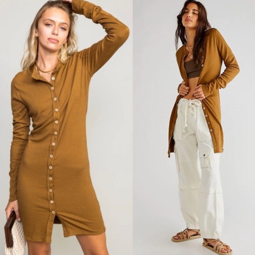 We The Free Gia Cardigan Dress Brown Button Up Thermal Womenβs Medium Multiwear